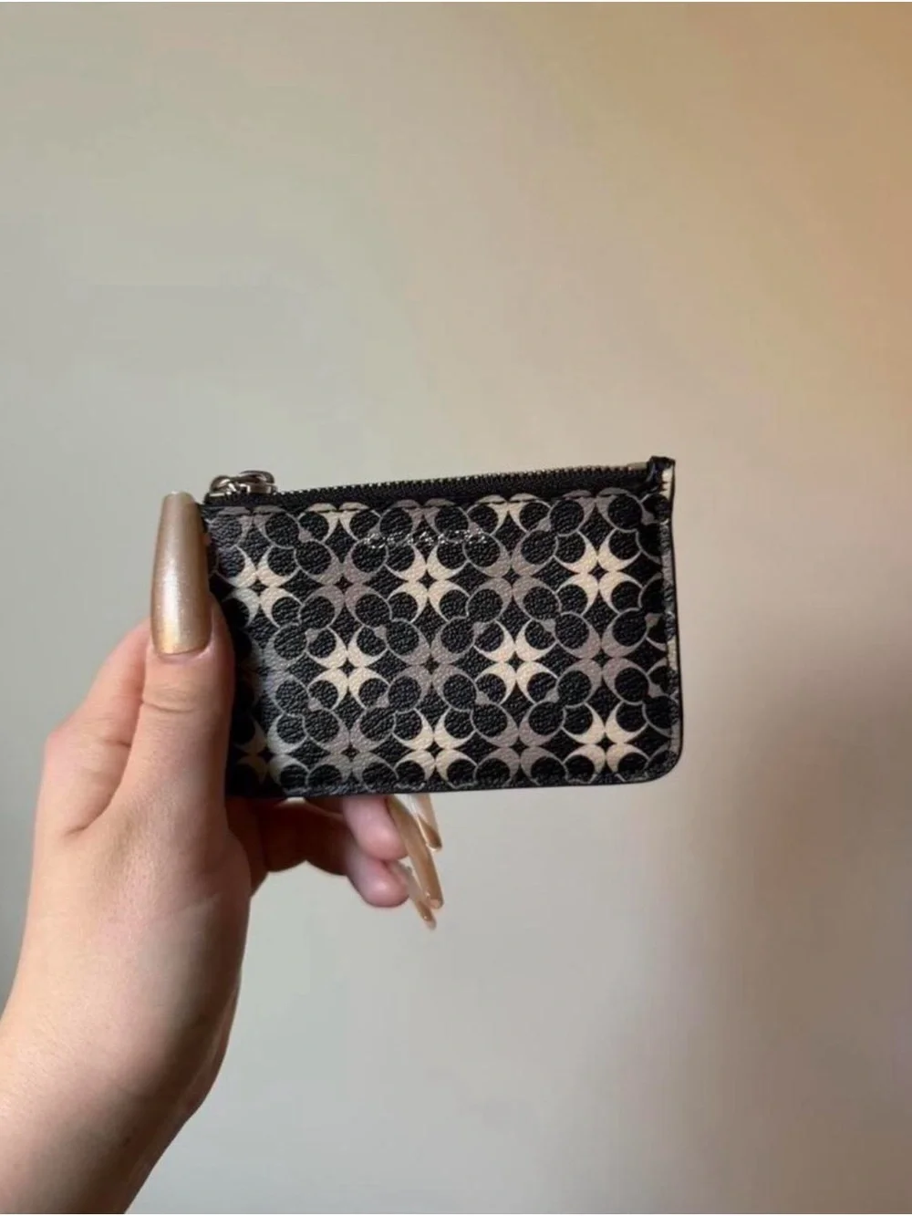 coach black & white signature pattern card holder with chain